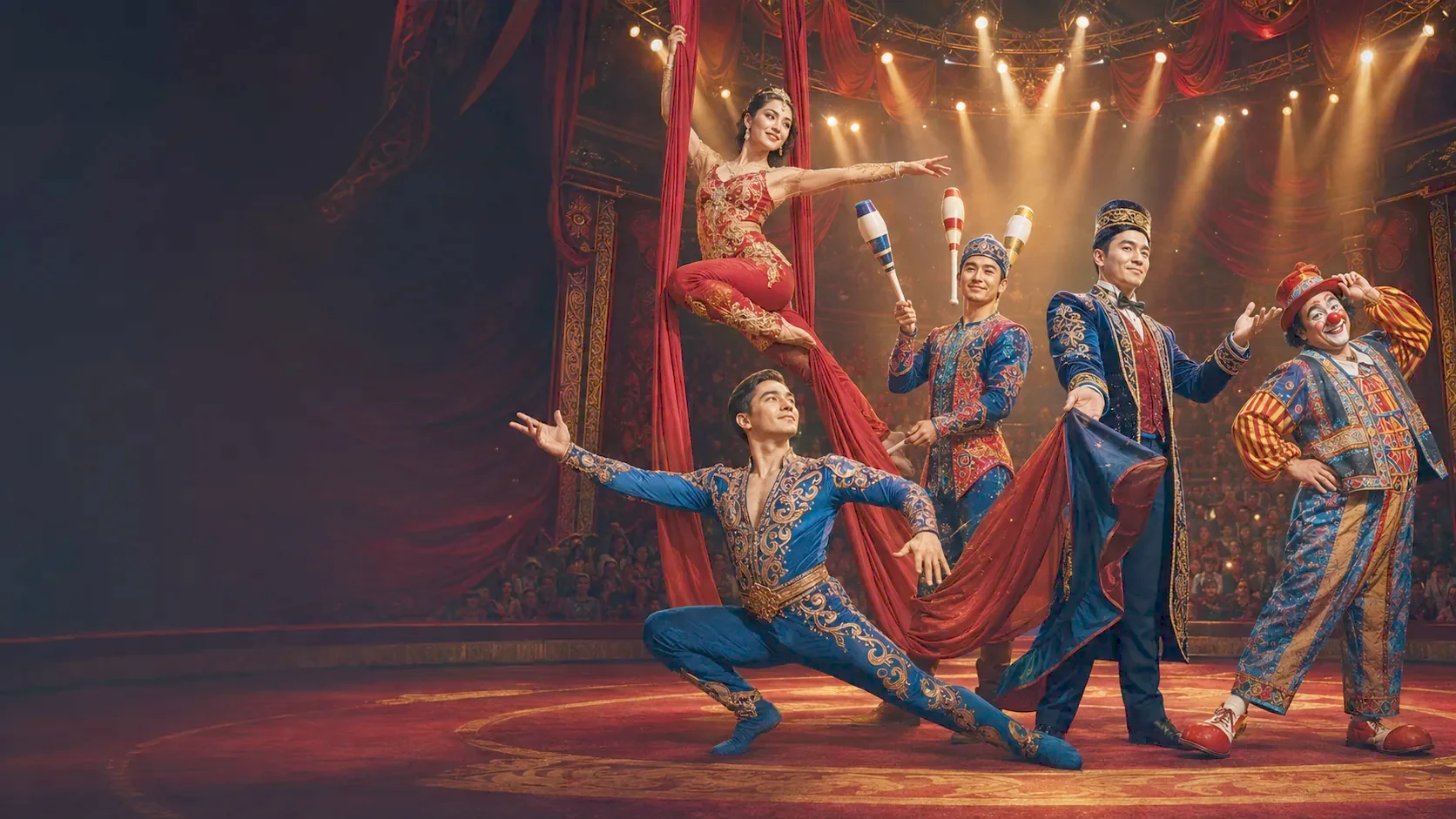 Circus Asia труппасы сахнада: секирүү учурундагы акробаттар жана улуттук кийимдеги музыканттар