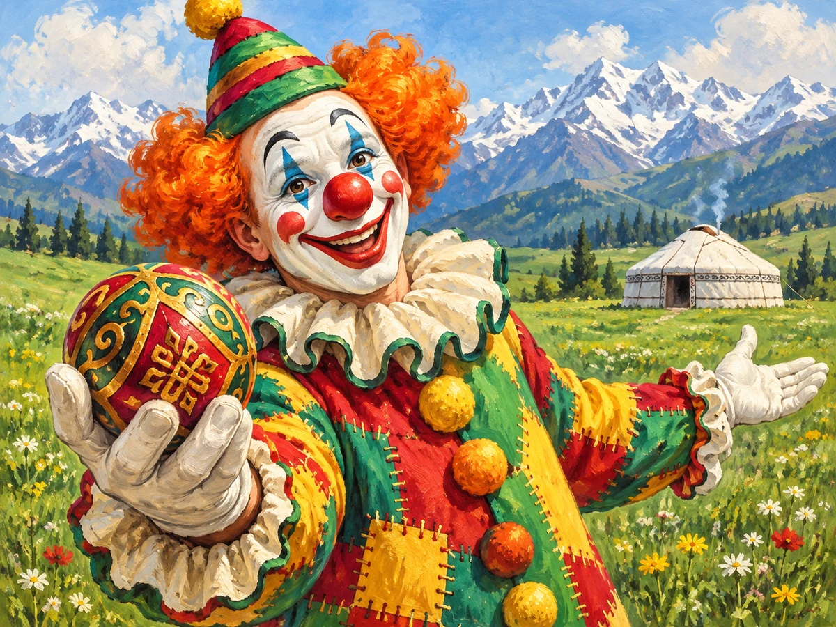Circus Asia'нын кызгылт чачтуу клоуну гүлдөгөн жайлоодо оюулуу сандыкча менен, артында боз үй жана кар баскан чокулар