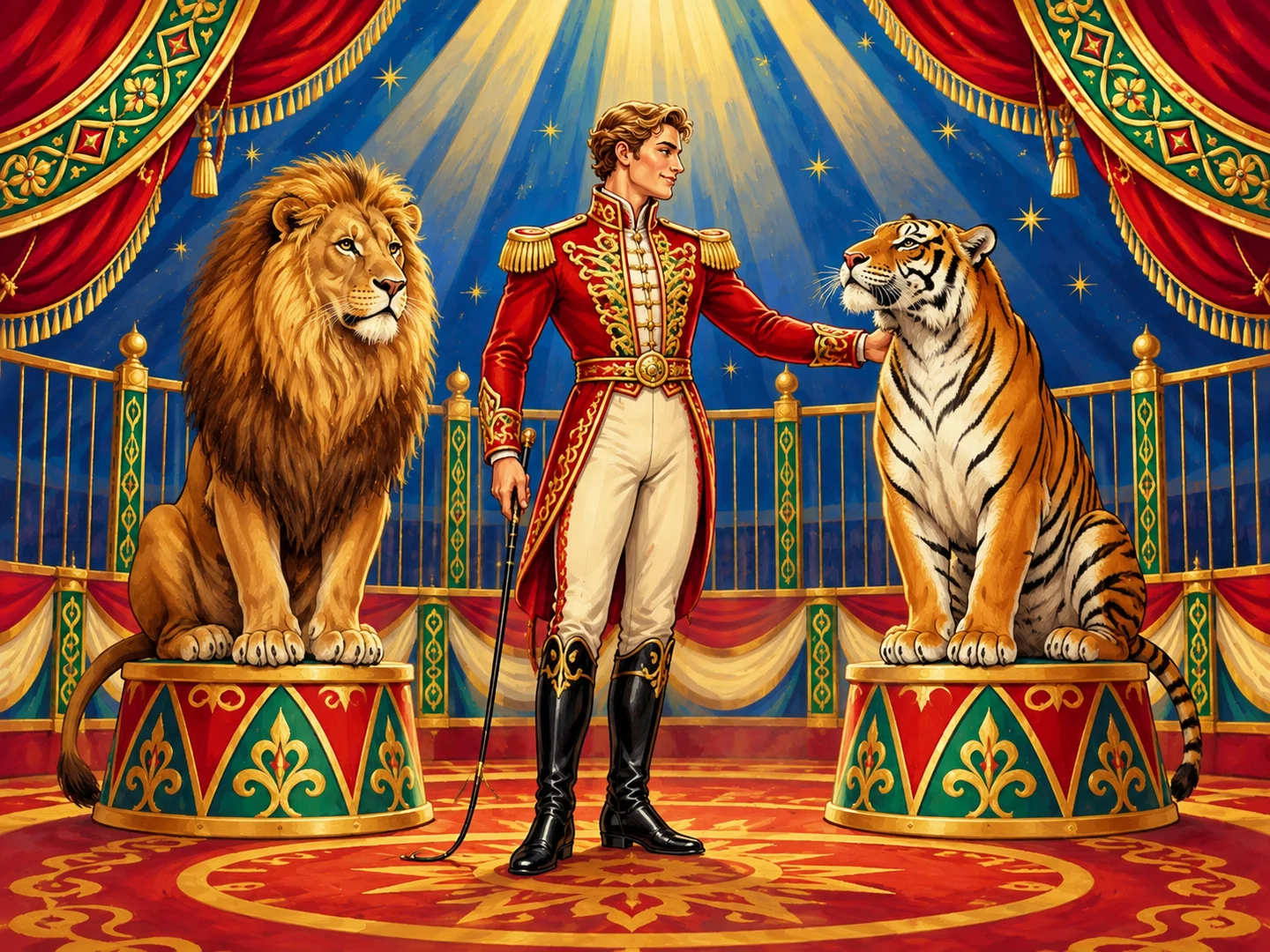 Um domador de uniforme vermelho junto a um leão e a um tigre nos pedestais da pista